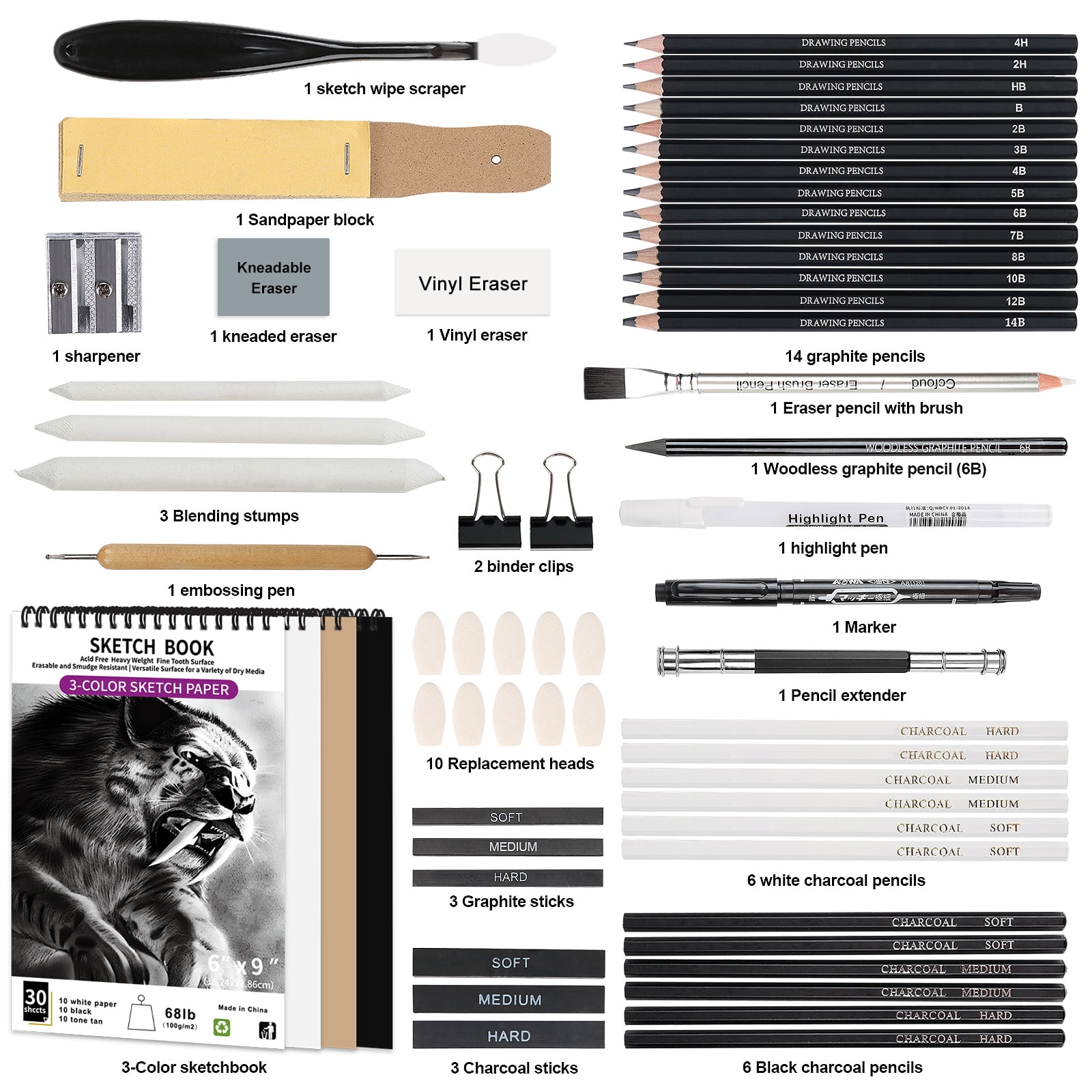 60 PCS Drawing Kit Sketching Pencil Set,Sketch Pencils Art Supplies with 3-Color Sketchbook,Graphite,Charcoal,Blending Tools,Drawing Pencils for Adults Artists