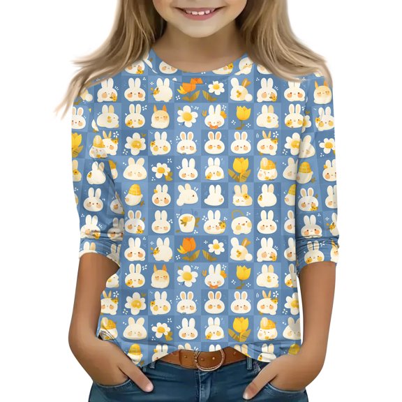 Drmagiyhm Girls Easter Day Tops Size 10-12 Cute Bunny and Egg Print 3/4 Sleeve Tshirts Casual Stretchy Crewneck Shirts Little Girl Easter Clothes