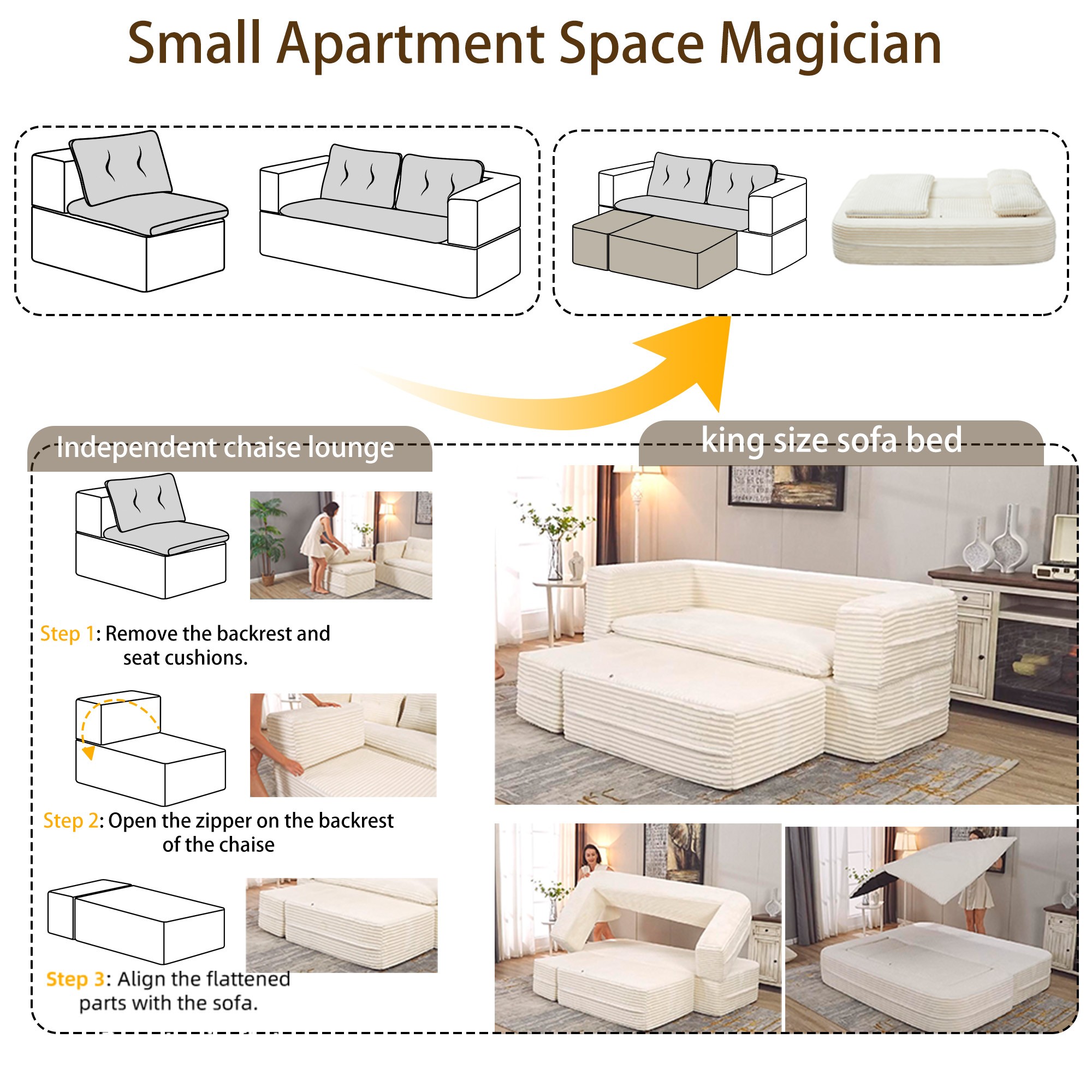 80" King Size Convertible Sleeper Sofa Bed with Independent Chaise Lounge,Multifunctional Plush Corduroy Sectional Sofa Couch for Living Room,Bedroom,Camel
