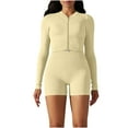 thumbnail image 2 of DailyTrove Women's Zip-Up Long Sleeve Bodycon Romper - Slim Fit, Solid Color, Spring & Casual Street Wear,Beige, 2 of 5