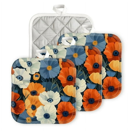 

Bahomeck Pot Holder 4Pcs Seamless Pattern Of Orange And White Poppies Square Heat Resistant Hot Pads For Kitchen Cooking Oven With Hanging Loop Potholder Easy To Store