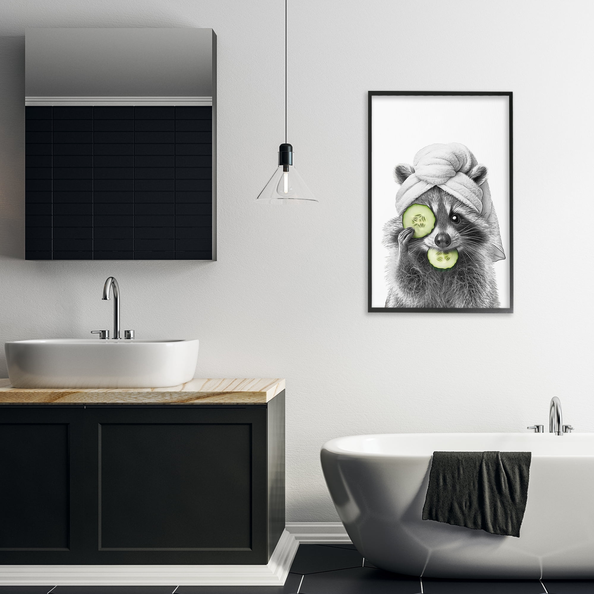 Stupell Industries Raccoon Spa Day Typography Painting Black Framed Art Print Wall Art, 20 x 30