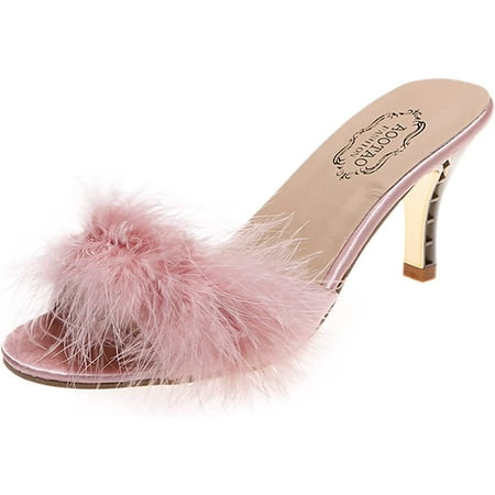 

Women Furry Sandals Open Toe Slides Fluffy Feather Slippers Summer Slip On Block Heeled Mules Sandals