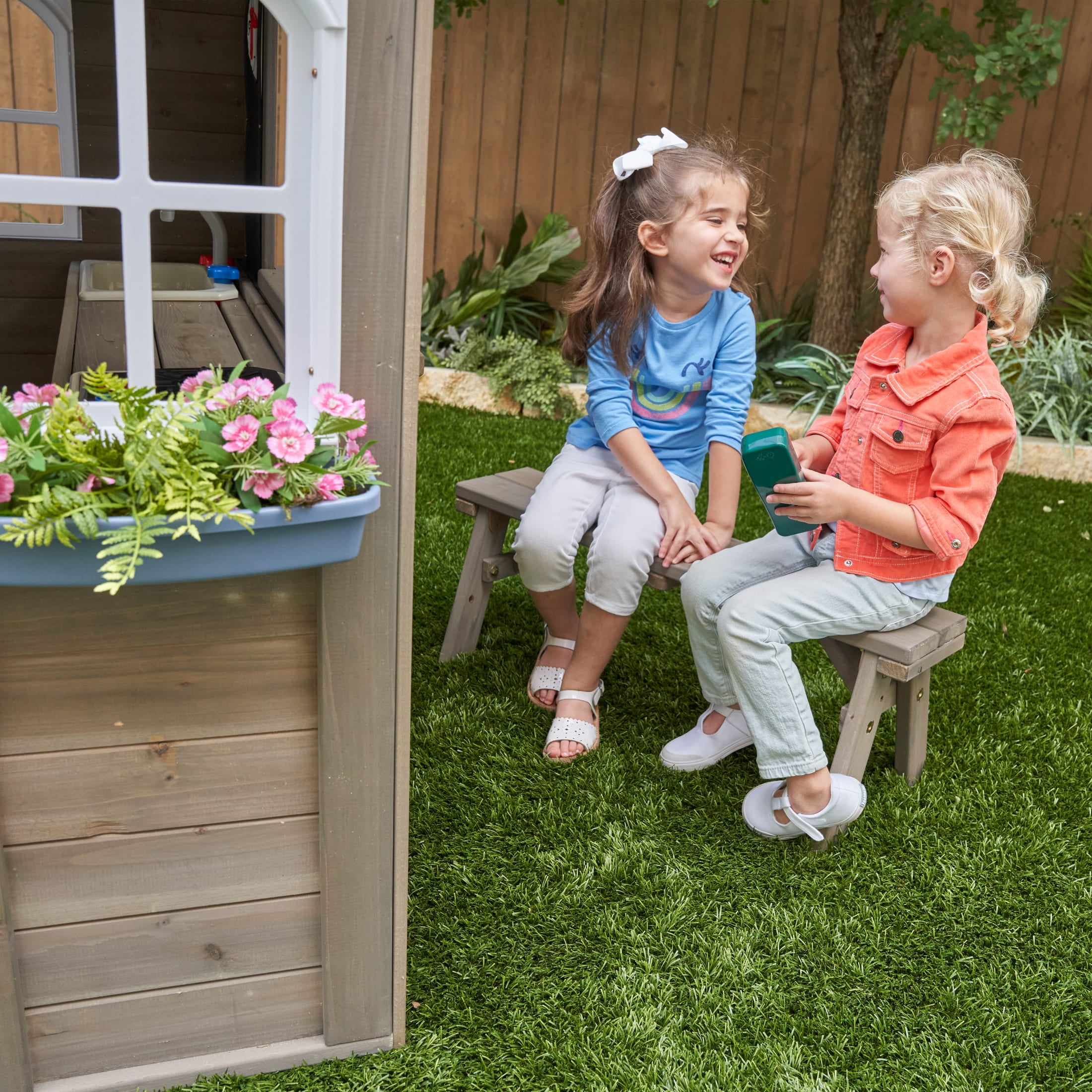 KidKraft Forestview II Wooden Outdoor Playhouse with Ringing Doorbell, Bench and Kitchen