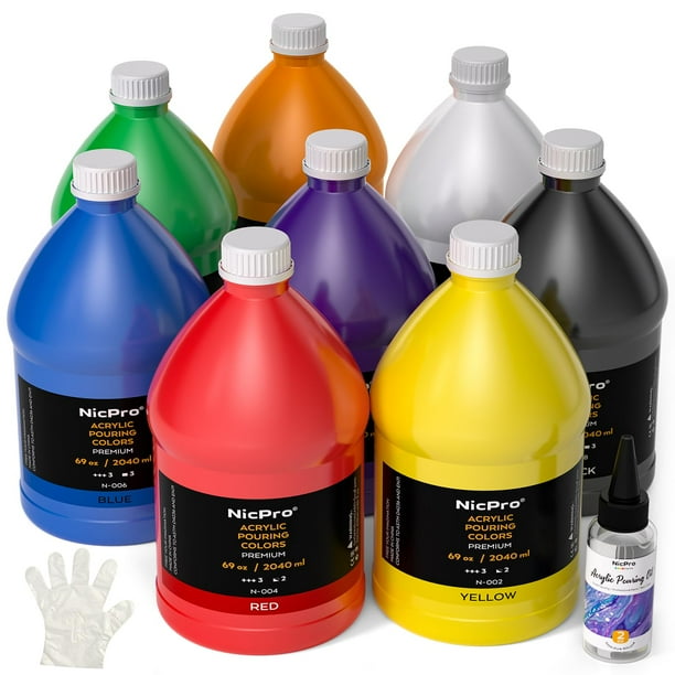Set de pintura acrílica Nicpro, 8 colores, 2040 ml, con aceite y guantes