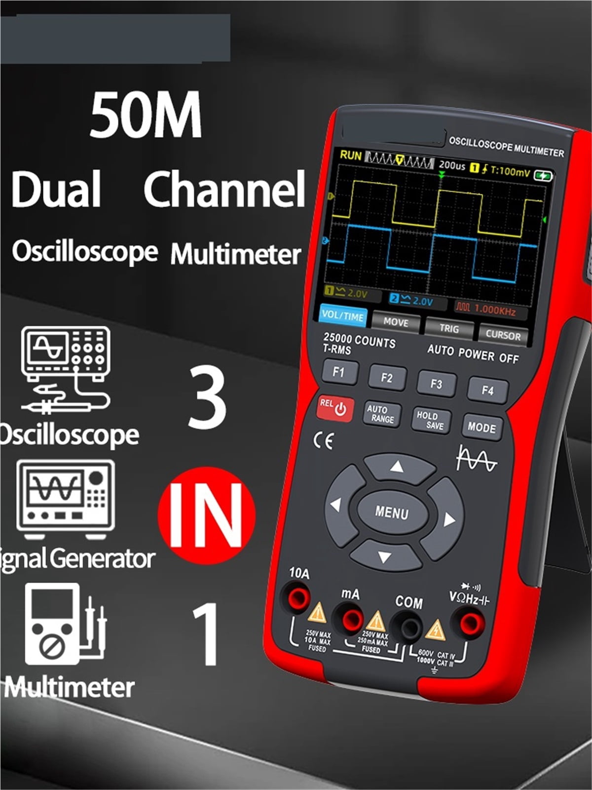 3-in-1 Oscilloscope Multimeter With 3.5 Inch IPS Display,25000 Counts, Dual Channel 50MHZ Bandwidth,280MSa/s High ,Battery Test