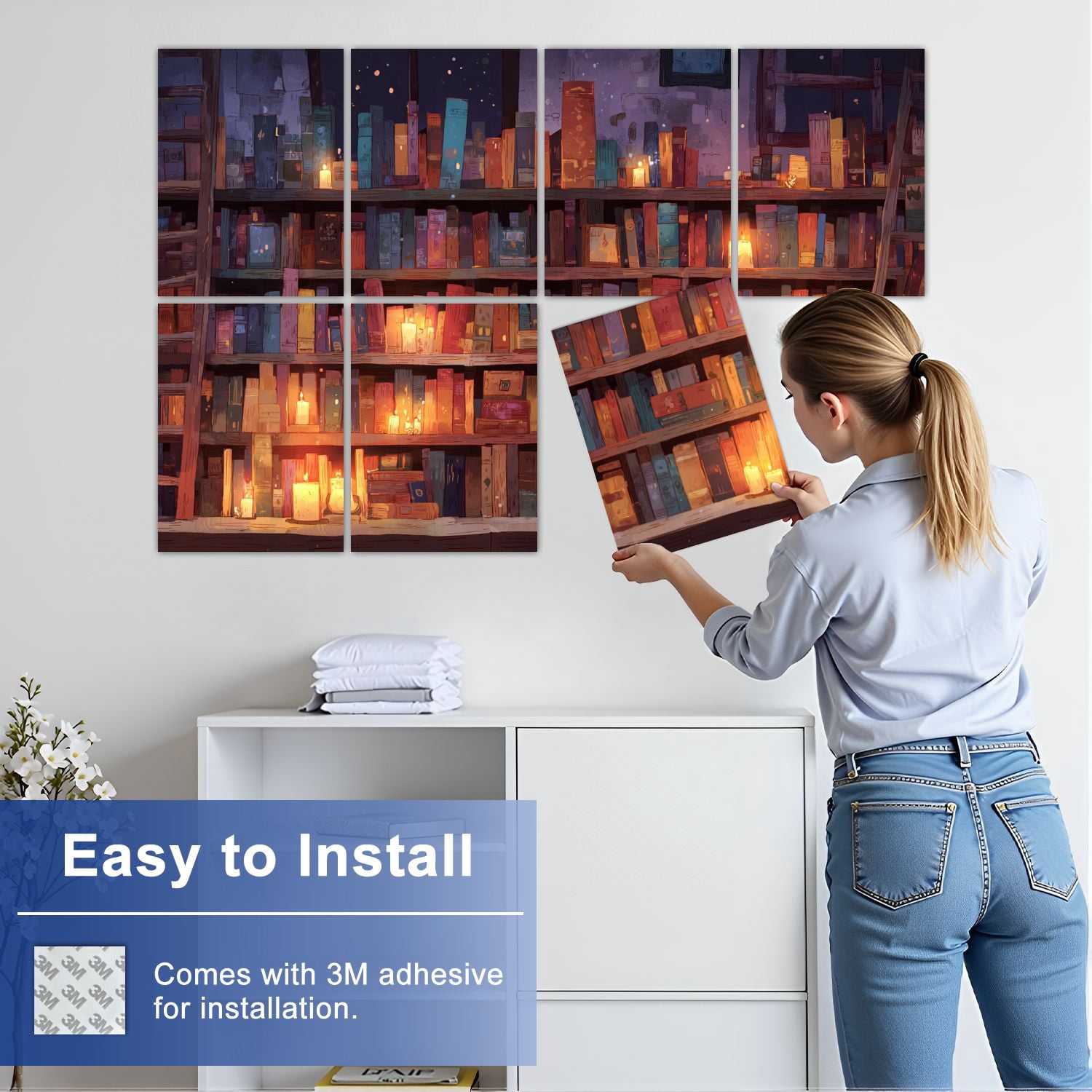8 Pack Art Acoustic Panels Sound Absorbing Wooden Shelves Books Glowing Candles Tranquil Library Decorative Soundproof Wall Panels Self Adhesive for Nursery Game Room Bedroom 48"x32"