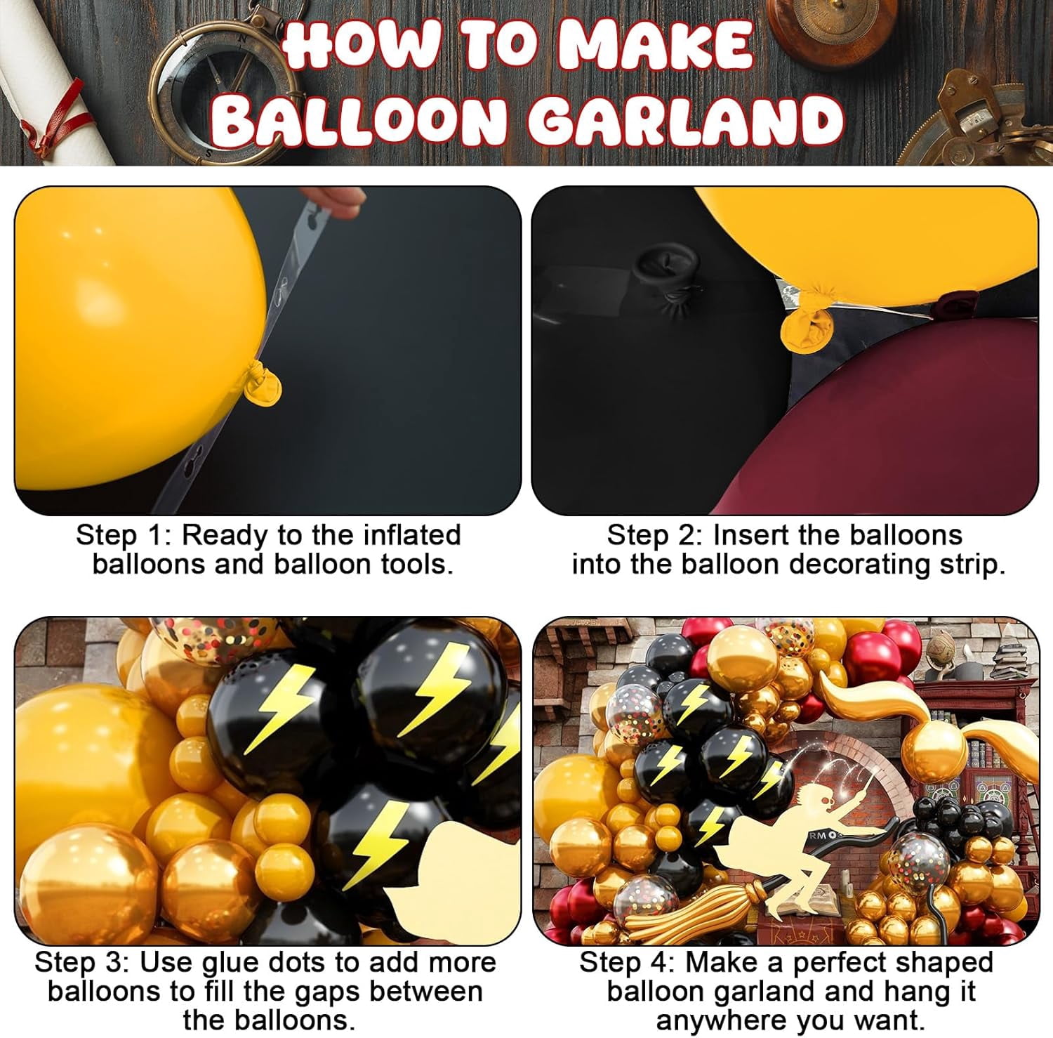 144PC Magic Balloons Arch Kit, Burgundy Black Gold Balloon Garland with DIY Broom Golden Sphere Foil Balloons, Maroon Mustard Yellow Confetti Balloon for School Birthday Decorations Party
