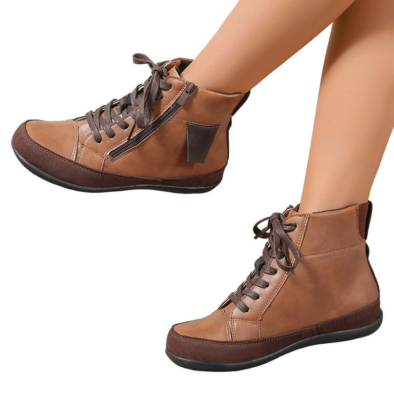 Leozcaa Women's Ankle Boots Orthopedic Lace up Combat Boots Plus