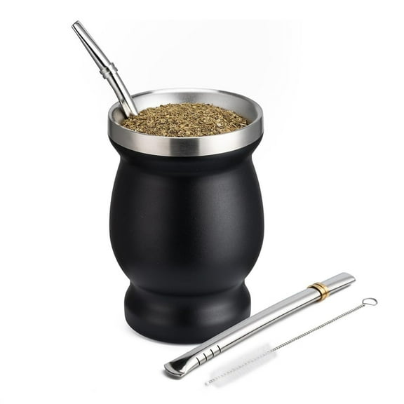 8oz Yerba Mate Cup, 304 Stainless Steel Double-Wall Mate Cup, Heat Insulation Yerba Mate Gourd, Tea Cup Set Includes Cleaning Brush & 2 Bombillas (Black)