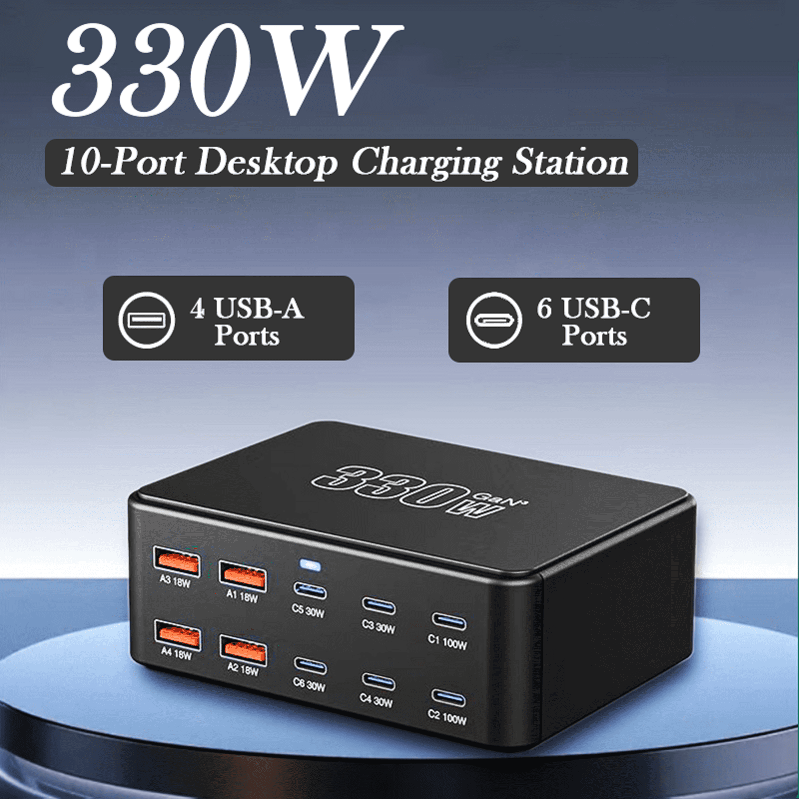 330W GaN 10 Port USB C Charging Station 100W PD QC3.0 Fast Wall Charger Hub for Laptop MacBook Dell iPhone Samsung Phone Tablet Smartwatch