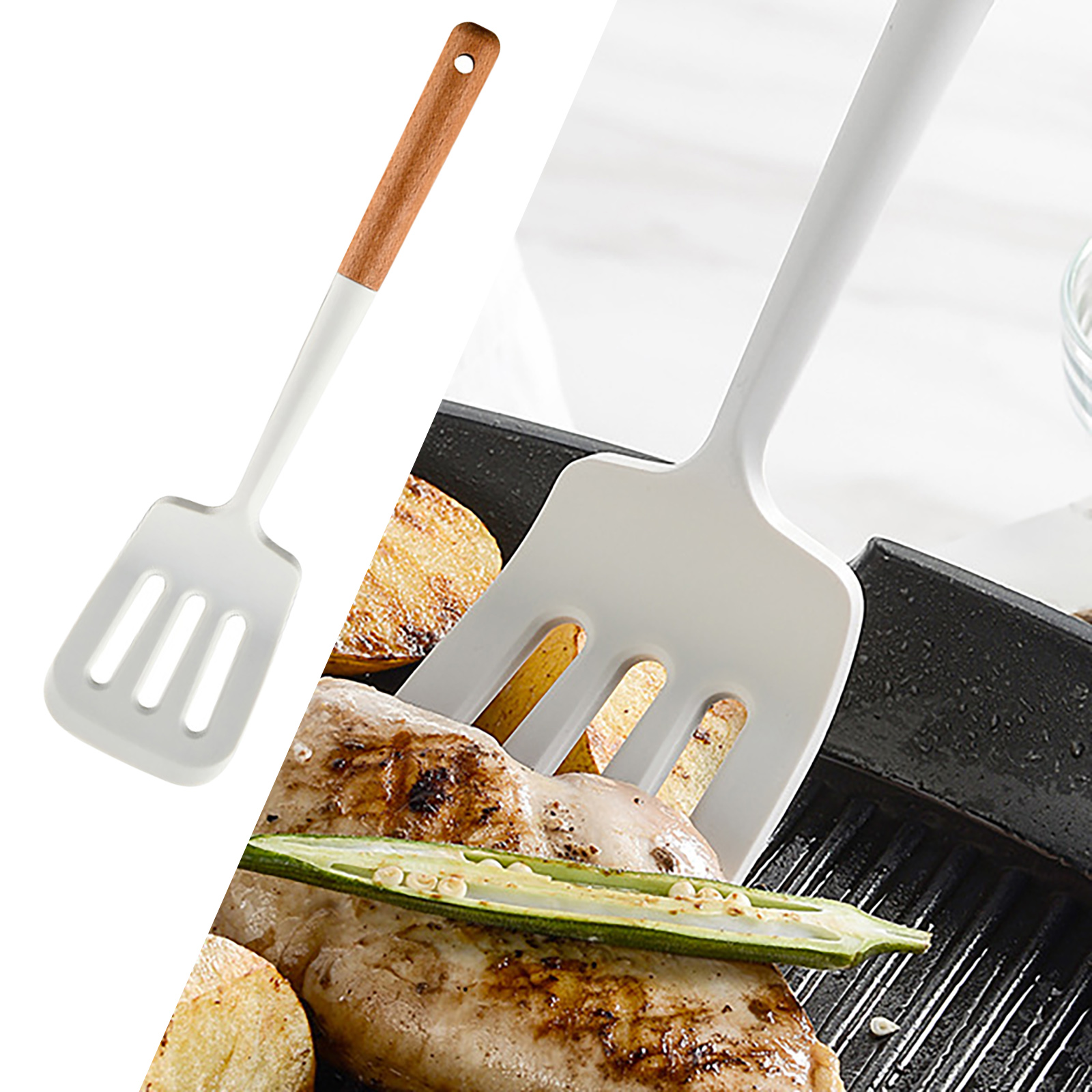 Mishuowoti White Silicone Kitchenware Set With Wooden Handle Simple Non