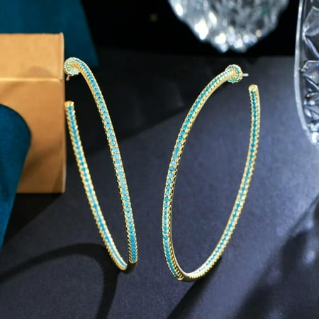 CZ Blue Turquoise Excellent Thin 925 Silver Hoop Earrings Statement Oversize Chic Jewelry[n227]
