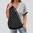 thumbnail image 2 of Women's Summer Tops Solid Color Summer Plus Size V-Neck Fashionable Striped Button Short Sleeved T-Shirt Top Tunic Tops Cute Loose Ladies Blouses Black 4XL, 2 of 7