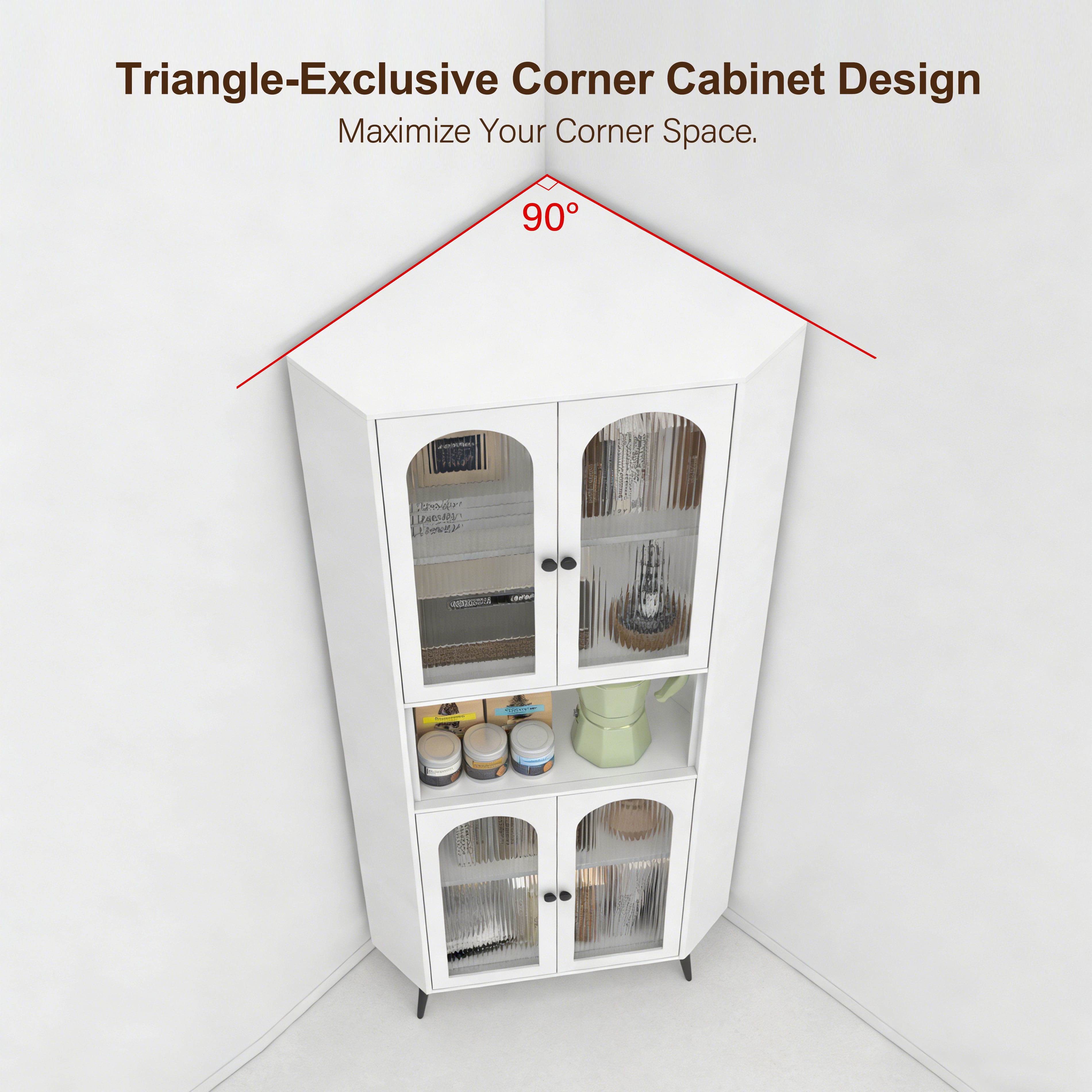 Mintazer 73" Tall Corner Storage Cabinet with 6-Tier Adjustable Shelves & 4 Glass Doors, Metal Corner Organizer for Living Room Bedroom Bathroom, White