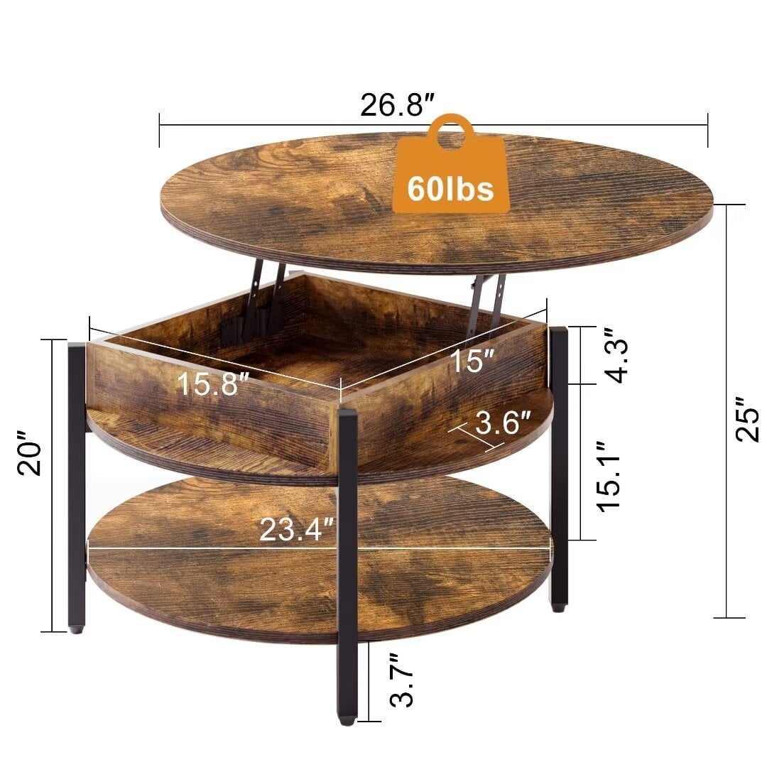 GUNAITO Round Lift Top Small Coffee Table with Storage Modern Farmhouse Center Table with Shelf 2 Tier Circle Table for Living Room Rustic Brown
