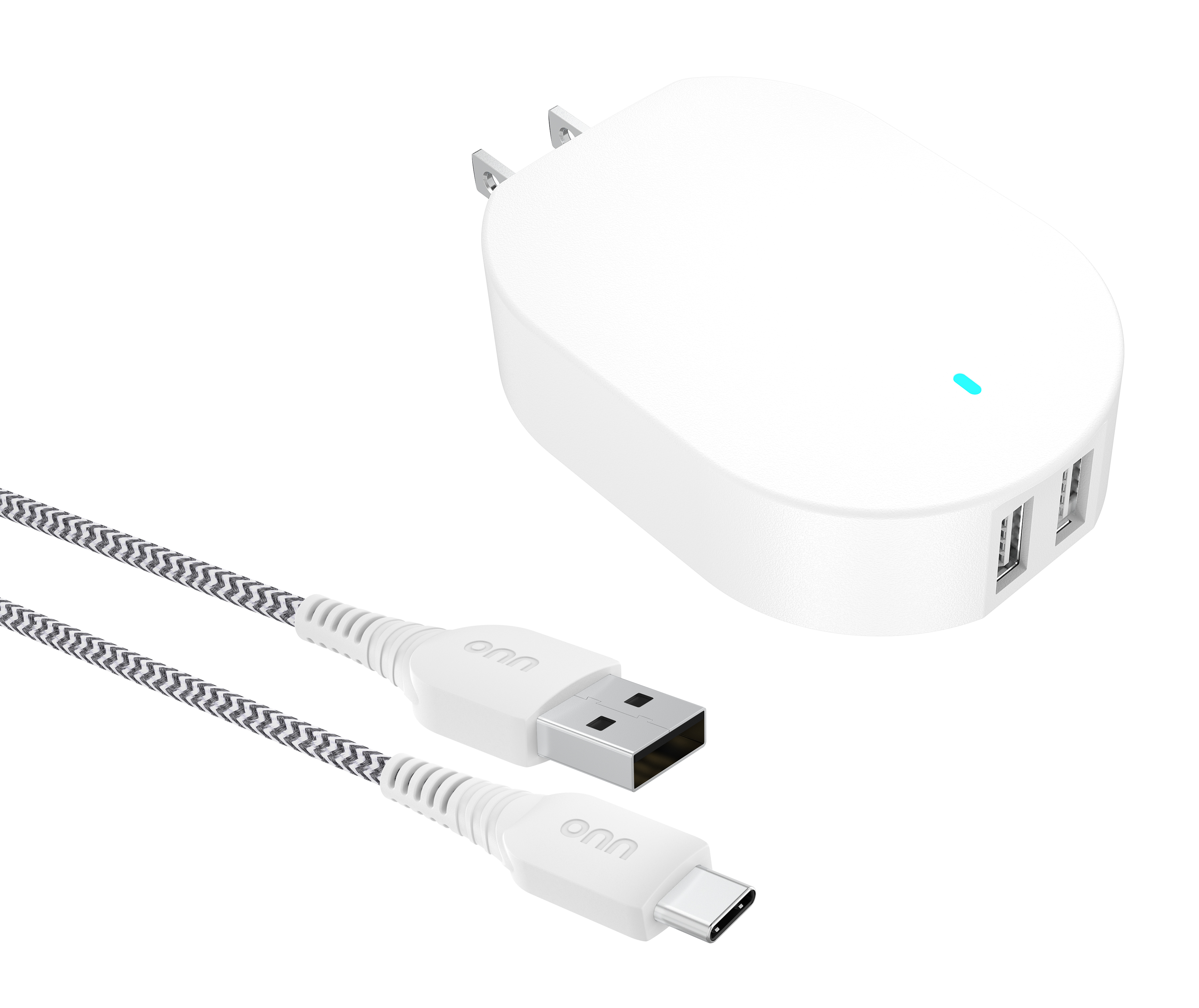 onn. 4.8A Dual-Port Wall Charging Kit with 3ft USB-C to USB Cable ,Compatible for Galaxy S21/S20/S10,Note 20,10 and More, White