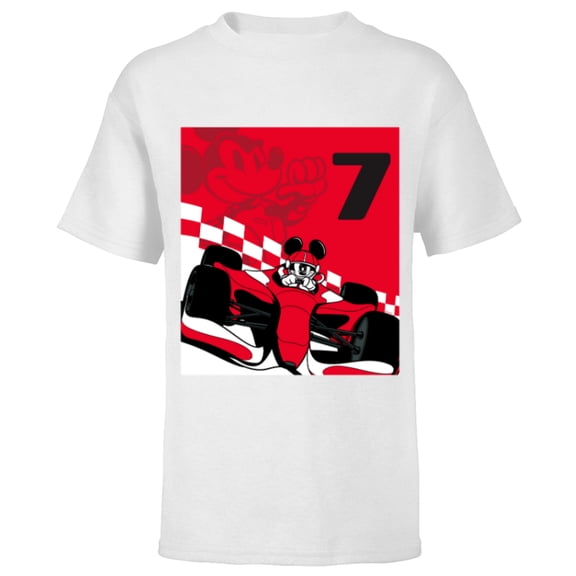 Disney Racing 7th Birthday 7 Years Old Mickey Mouse Race Car - Short Sleeve T-Shirt for Kids - Customized-White