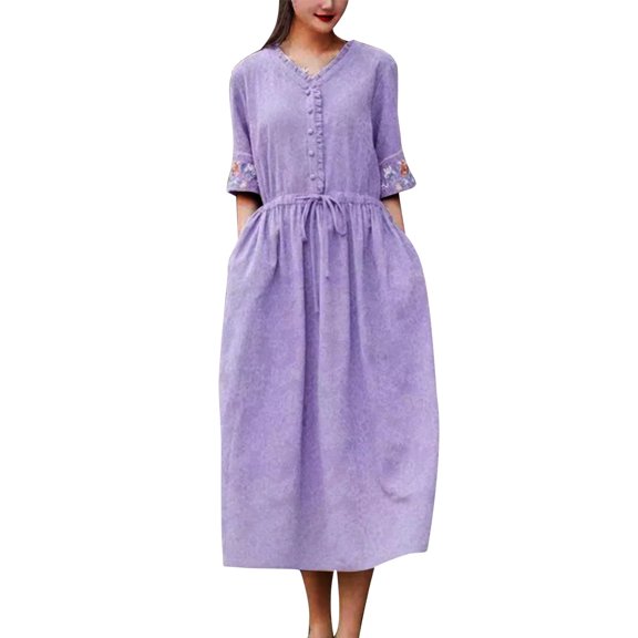 Zorckvet Cotton Linen Dresses for Women Short Sleeve V Neck Summer Trendy Plain Flowy Loose Womens Dress