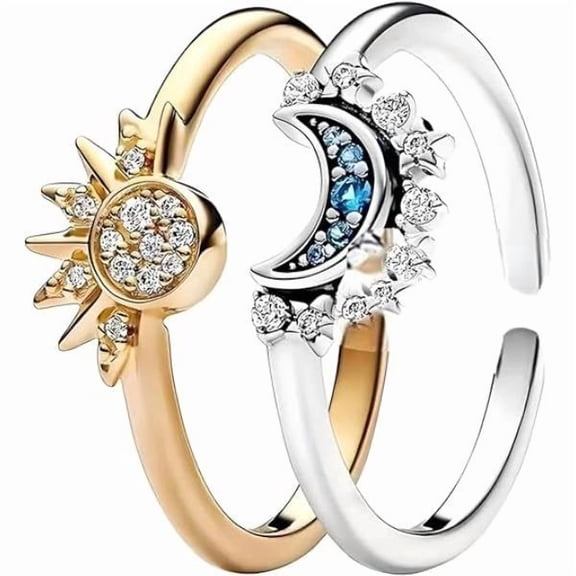 Sun and Moon Stackable Ring for Women, 2-in-1 Rotatable Spinner Ring, Gold Silver Plated CZ Crystal Fidget Ring, Celestial Anxiety Relief Jewelry