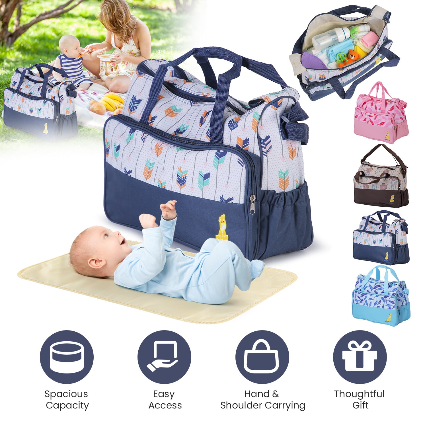 Imountek 5Pcs Baby Diaper Bag Set Multi-Pocket Travel Tote Bags with Diaper Pad Food Bag Bottle Bag for Mom Dad, Dark Blue