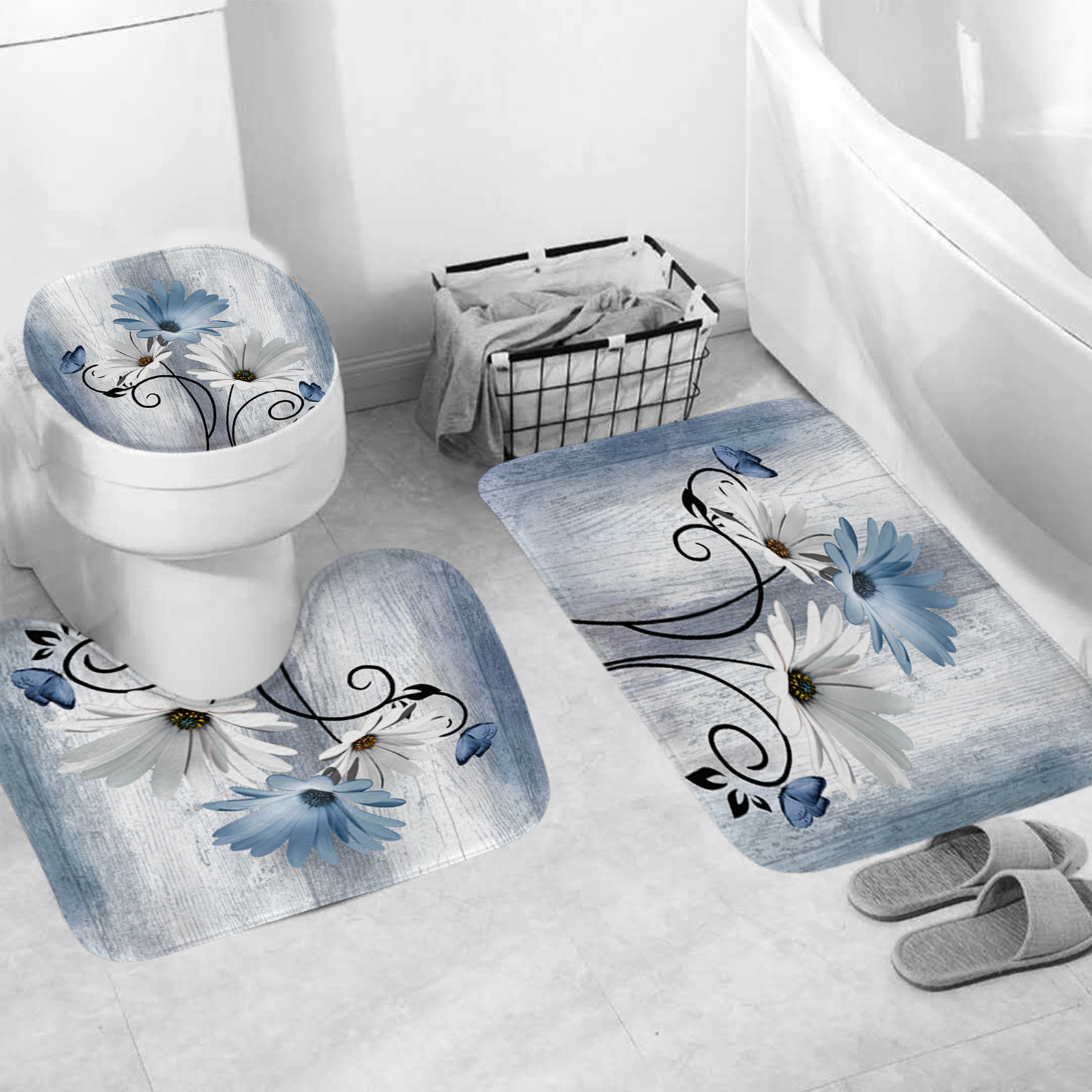 Hadint 4Pcs Blue Daisy Floral and Butterfly Shower Curtain Set, Shower Curtain and Rug Set, 12 Pcs Hooks, 71inx71in