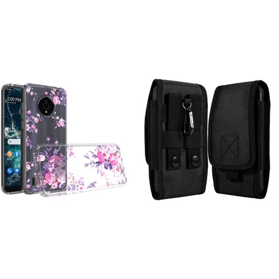 Case and Pouch Bundle for Nokia C200: Slim Series TPU Protector Case (Pink Flowers) and Vertical Rugged Nylon Belt Holster