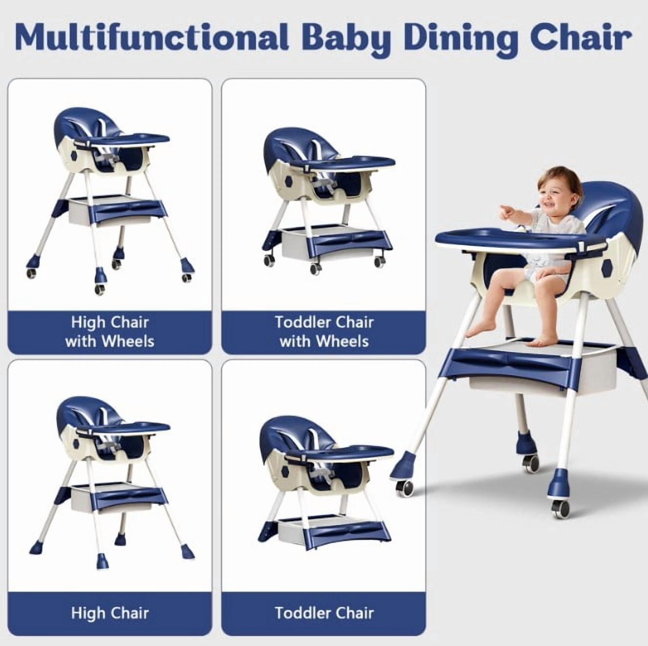 LHUAI, Foldable Baby High Chair, 4 in 1 Convertible High Chairs, With 5-Point Safety Harness, Adjustable Dining Tray & Backrest & Height, Easy To Clean Surface, For Babies And Toddlers, Blue