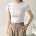 thumbnail image 2 of Women's Fitted Cotton T-Shirt - Structured Shoulder Slimming Short Sleeve Top | Yubnlvae | High Elasticity Screw Thread Cotton Regular Shoulder Round Neck (White | M), 2 of 9