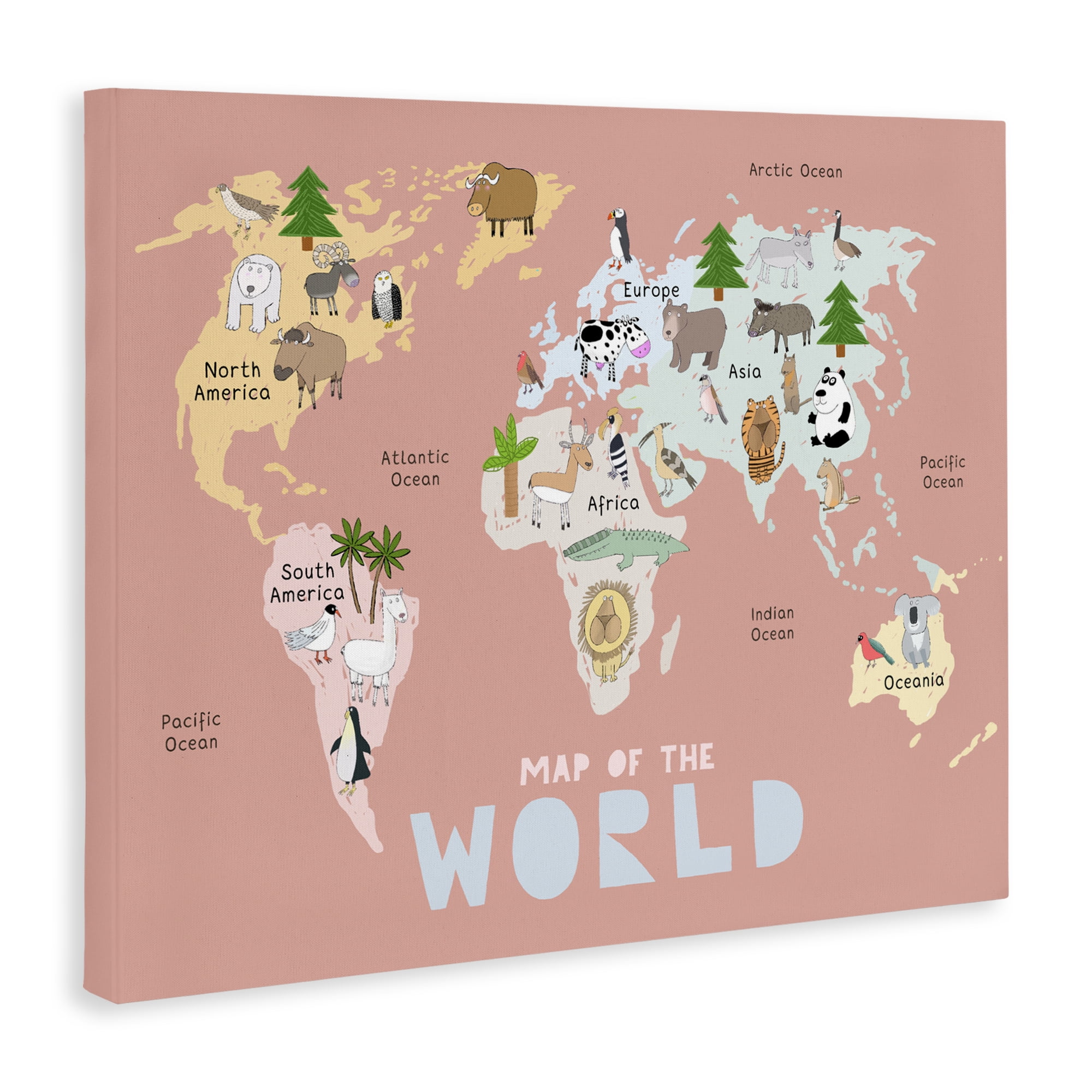 Kid's Map Of World Pink Canvas Wall Art, design by Carla Daly