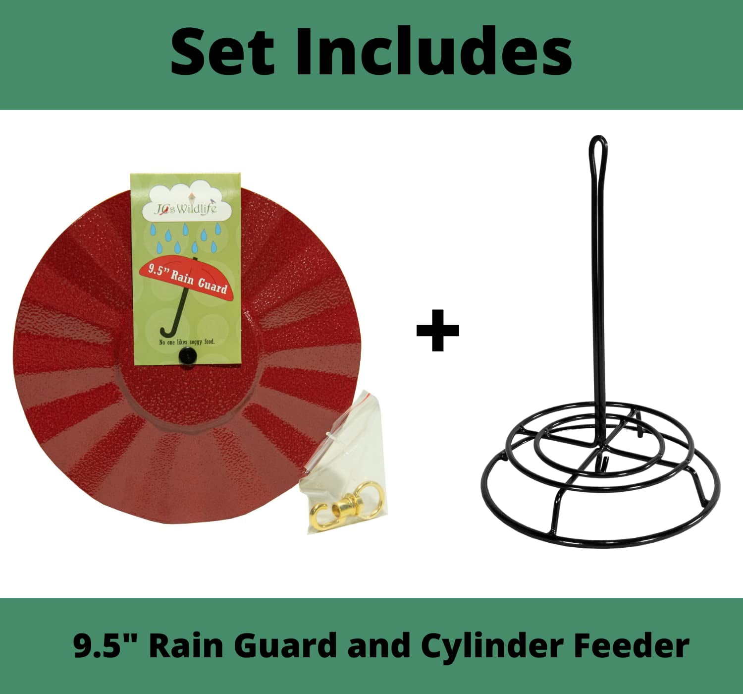 JCs Wildlife 9.5" Metal Rain Guard and Bird Seed Cylinder Feeder Kit - Protect Your Bird Food from Rain and Overhead Messes! (Red)