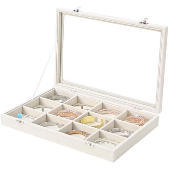 Jewelry Organizer Box, Beige Velvet 12 Grids Bracelet Bangle Necklace Jewelry Display Tray Case with Transparent Glass Lid for Home Drawer Desk or Store Selling Show