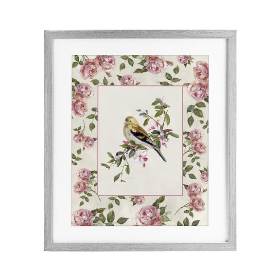 Stupell Industries Perched Bird with Dainty Roses Gray Framed Print Under Glass, design by Sally Swatland