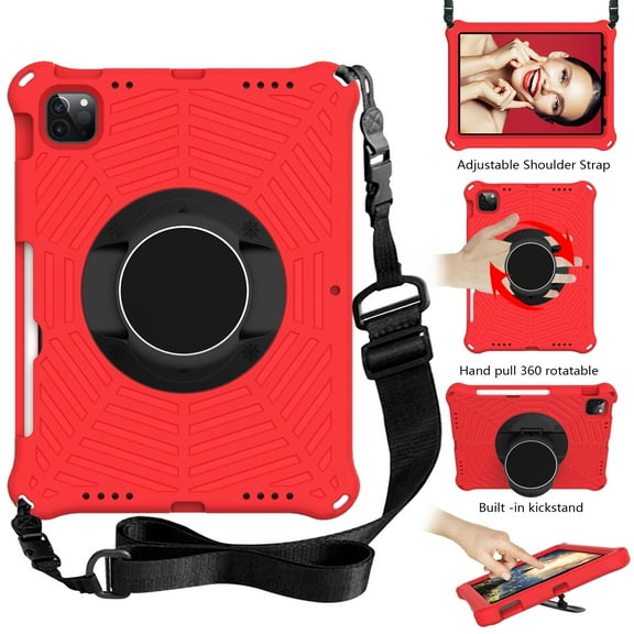 Durable Silicone Case for Apple iPad Air 10.9" (4th Generation) and iPad Pro 11-Inch Tablet - Drop Proof Shockproof Protective Stand Cover with Hand Holder / Adjustable Shoulder Strap (Red)