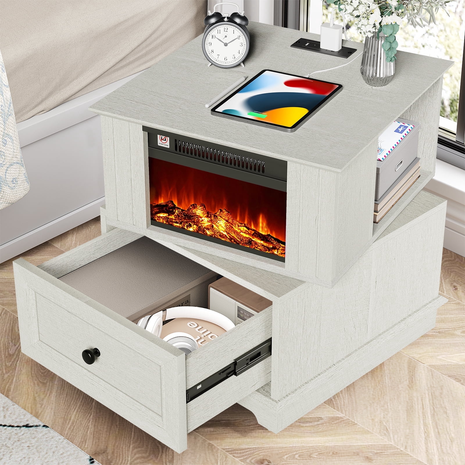 FAGAGA 19.7" Fireplace End Table with Charging Station, Rotating Square Side Table with Storage, Nightstand with Electric Fireplace Heater for Bedroom Living Room | White