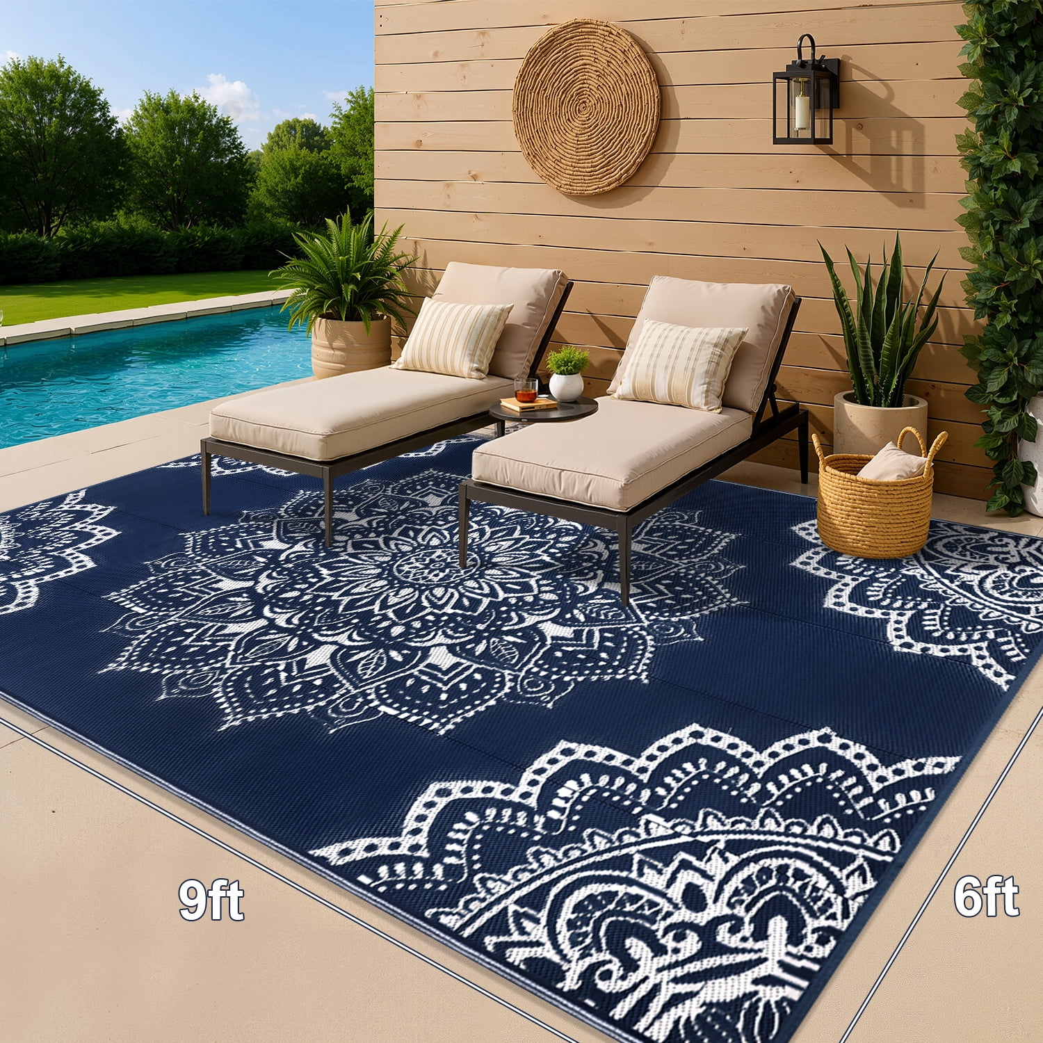Findosom 6'x9' Outdoor Rug Large Patios Rug RV Outdoor Rug Waterproof Foldable Portable Camping Rugs Reversible Plastic Straw Rug Outdoor Area Rug for Camping, RV, Balcony, Patio, Picnic, Beach Blue