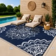 thumbnail image 4 of Findosom 6'x9' Outdoor Rug Large Patios Rug RV Outdoor Rug Waterproof Foldable Portable Camping Rugs Reversible Plastic Straw Rug Outdoor Area Rug for Camping, RV, Balcony, Patio, Picnic, Beach Blue, 4 of 9