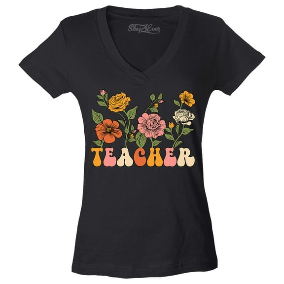 Shop4Ever Women's Teacher Flowers Retro Vintage Aesthetic Slim Fit V-Neck T-Shirt Medium Black