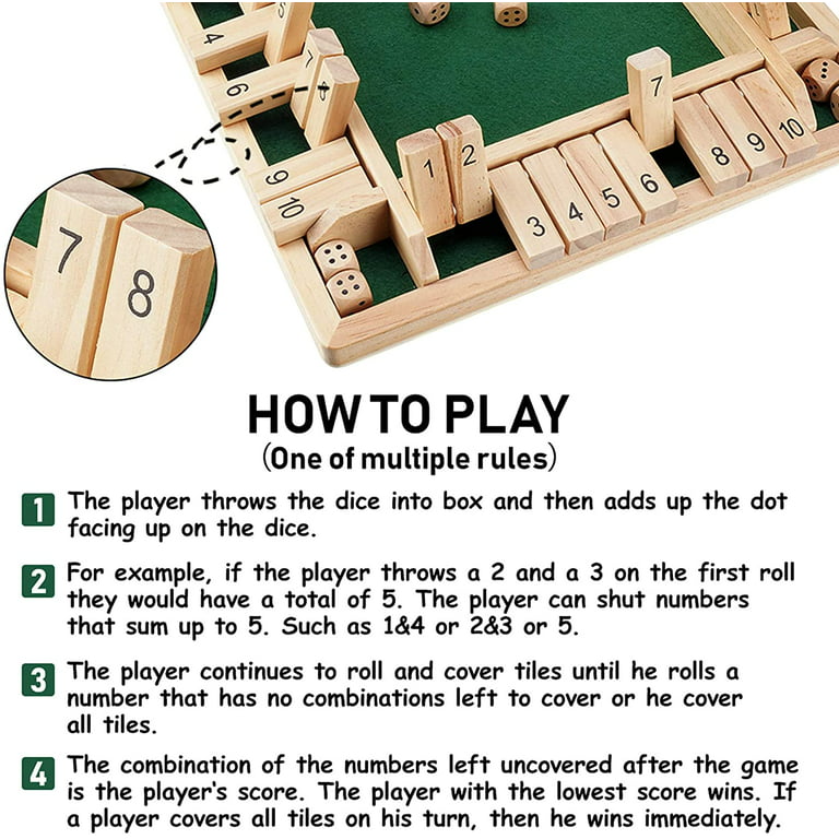 Duety Shut The Box Dice Game 1-4 Players,Classic 4 Sided Wooden Board Game  with 2 Dice and Shut-The-Box Instructions for Kids Adults, Classics  Tabletop Version and Pub Board Game 