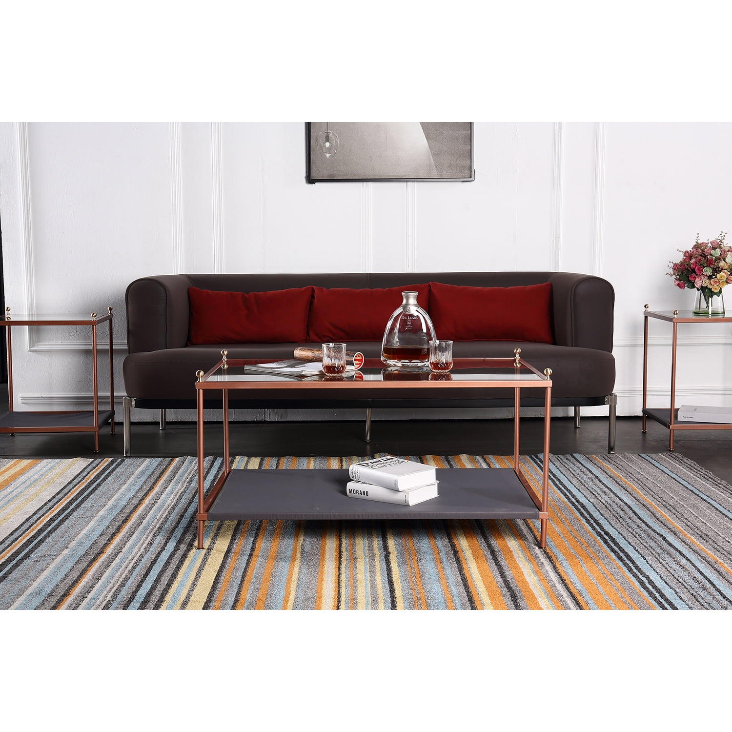 Kadyn Modern Rectangular Coffee Table, Glass Coffee Table for Living Room, Carbon Steel 2-Tier Tea Table & Pet Sharing Table （Provide pet mat）, Rose Gold