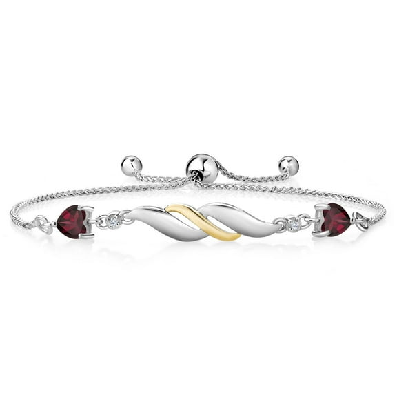 Gem Stone King 1.12 Ct Heart Shape Red Rhodolite Garnet and Lab Grown Diamond 925 Silver and 10K Yellow Gold Bracelet for Women