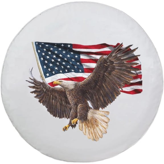 Spare Tire Cover, White Wheel Cover with American Eagle USA Flag PVC Leather Waterproof Dust-Proof Universal Fit for Jeep Trailer RV SUV Camper Vehicle (15 Inch)