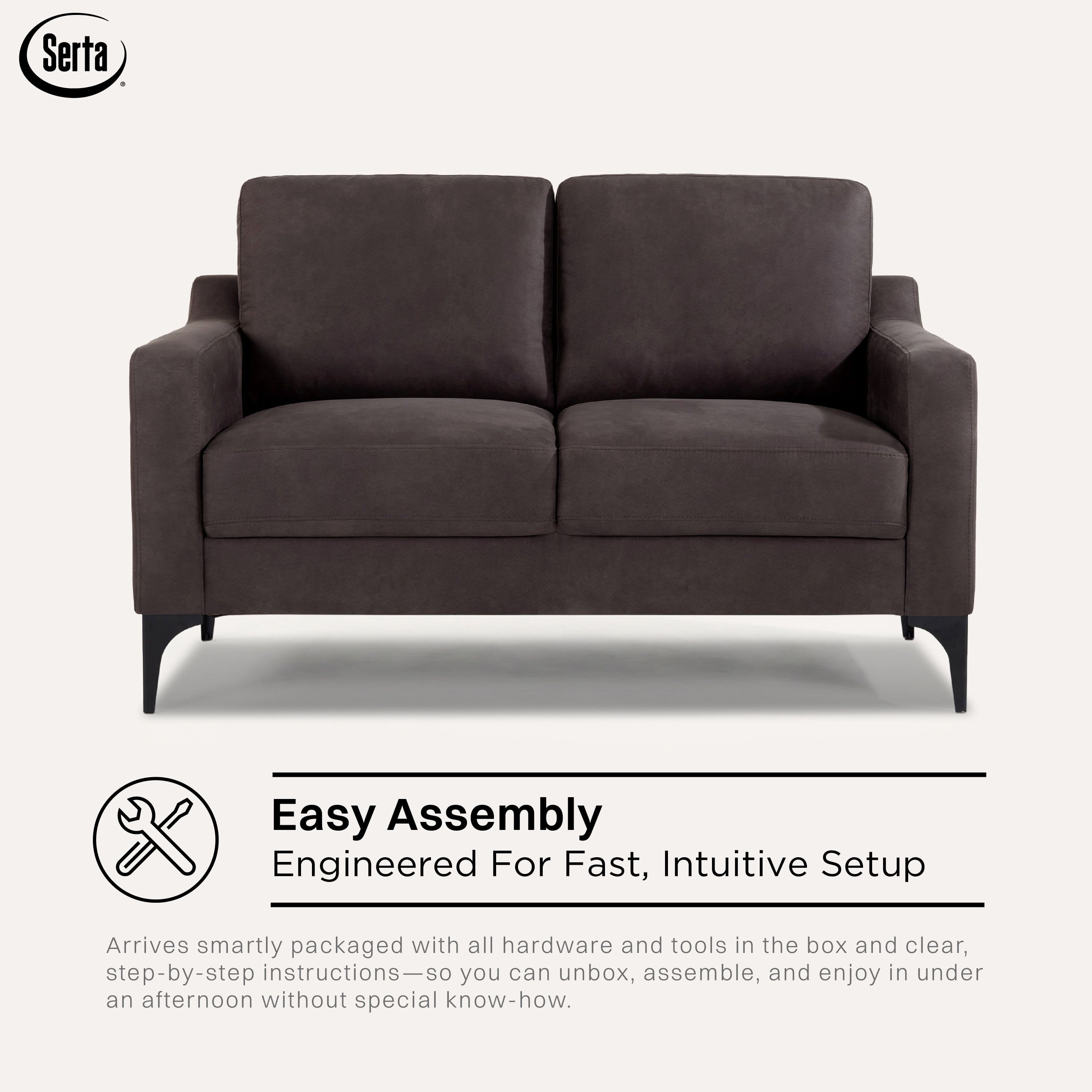 Serta Hemsworth Mid-Century Modern Style 2 Seater Indoor Loveseat, Charcoal Faux Suede