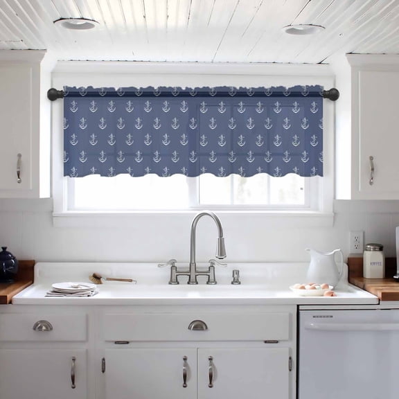 Navy Blue Anchor Valance Curtains for Kitchen/Living Room/Bathroom/Bedroom Window, Nautical Coastal Summer Ocean Ship Rod Pocket Small Topper Half Short Window Curtains Voile Sheer Scarf 54"x18"