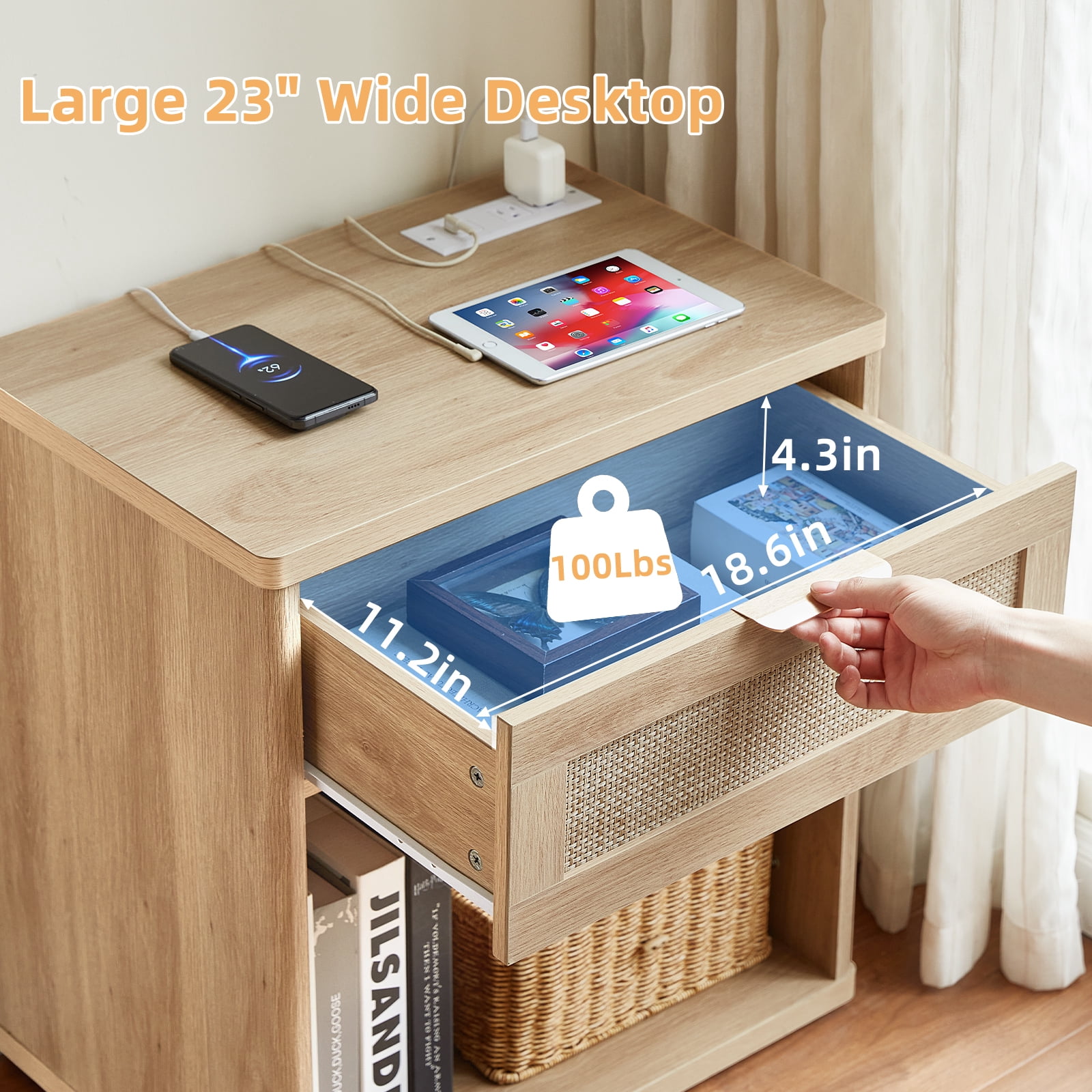 LELELINKY Rattan Nightstand with Charging Station, 23" Wide Boho Bedside Table with Drawer and Shelf for Bedroom, Living Room, Wood