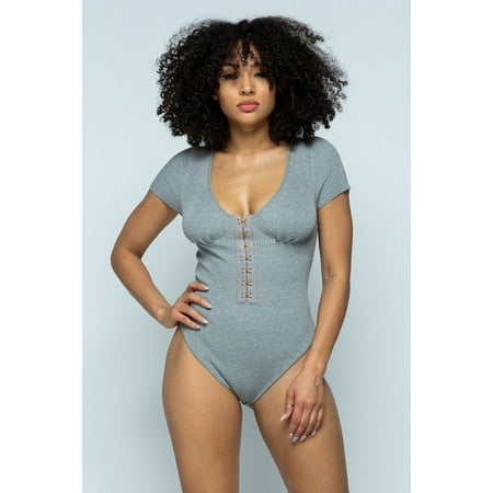 Saronite Basics V Neck Ribbed Bodysuit Knit Top with Hook & Eye Front Closure (Women s)