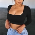 thumbnail image 2 of Women's Square Neck Long Sleeve Fitted Cropped Tee Shirt Basic Stretch Top, 2 of 8
