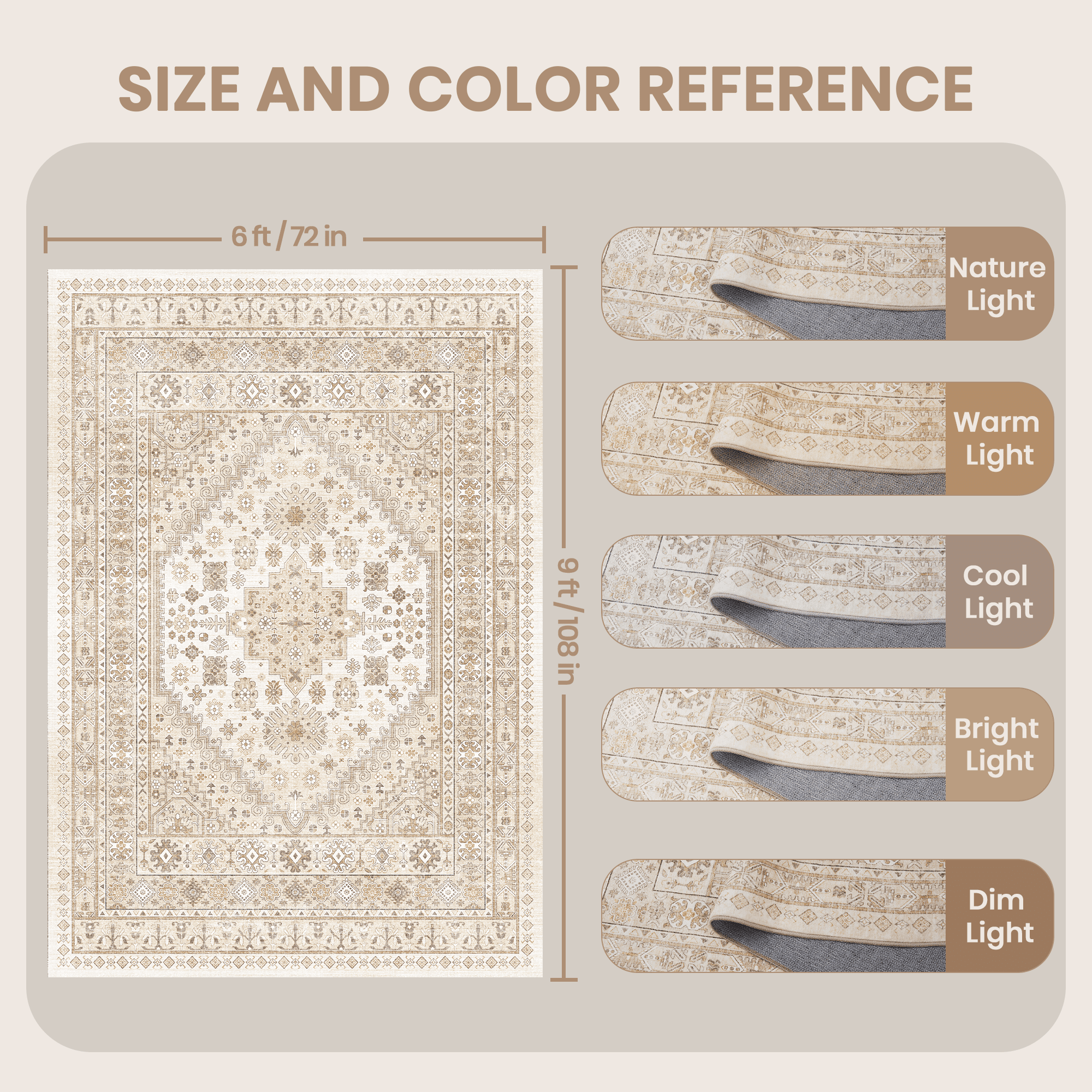 Roxstand 6x9 Area Rugs for Living Room, Vintage Large Area Rug, Non-Slip Backing Washable Rug, Stain Resistant Home Decor Rug (6'x9', Beige)