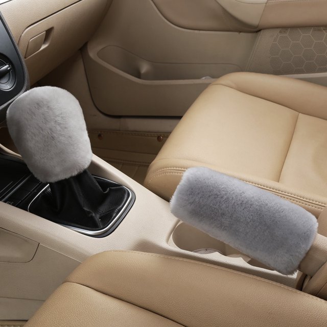 2Pcs Car Handbrake Grip Covers Gear Shift Knob Cover Handle Plush Sleeve Winter Soft Warm Hand Brake