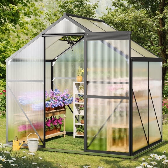 Jolifa 6x4 ft Greenhouse, Aluminum Frame Polycarbonate Greenhouse with Adjustable Roof Vent & Sliding Door, All Season Garden Greenhouse for Winter Growing & Plant Protection